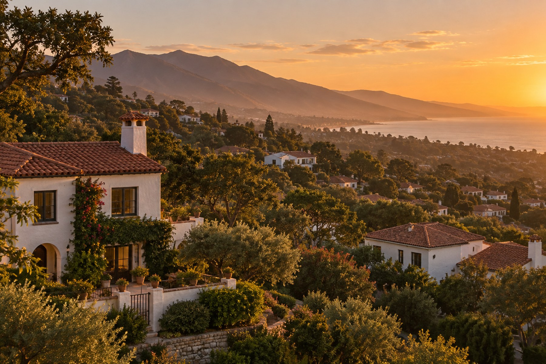 A Santa Barbara South Coast hillside neighborhood at golden hour, illustrative