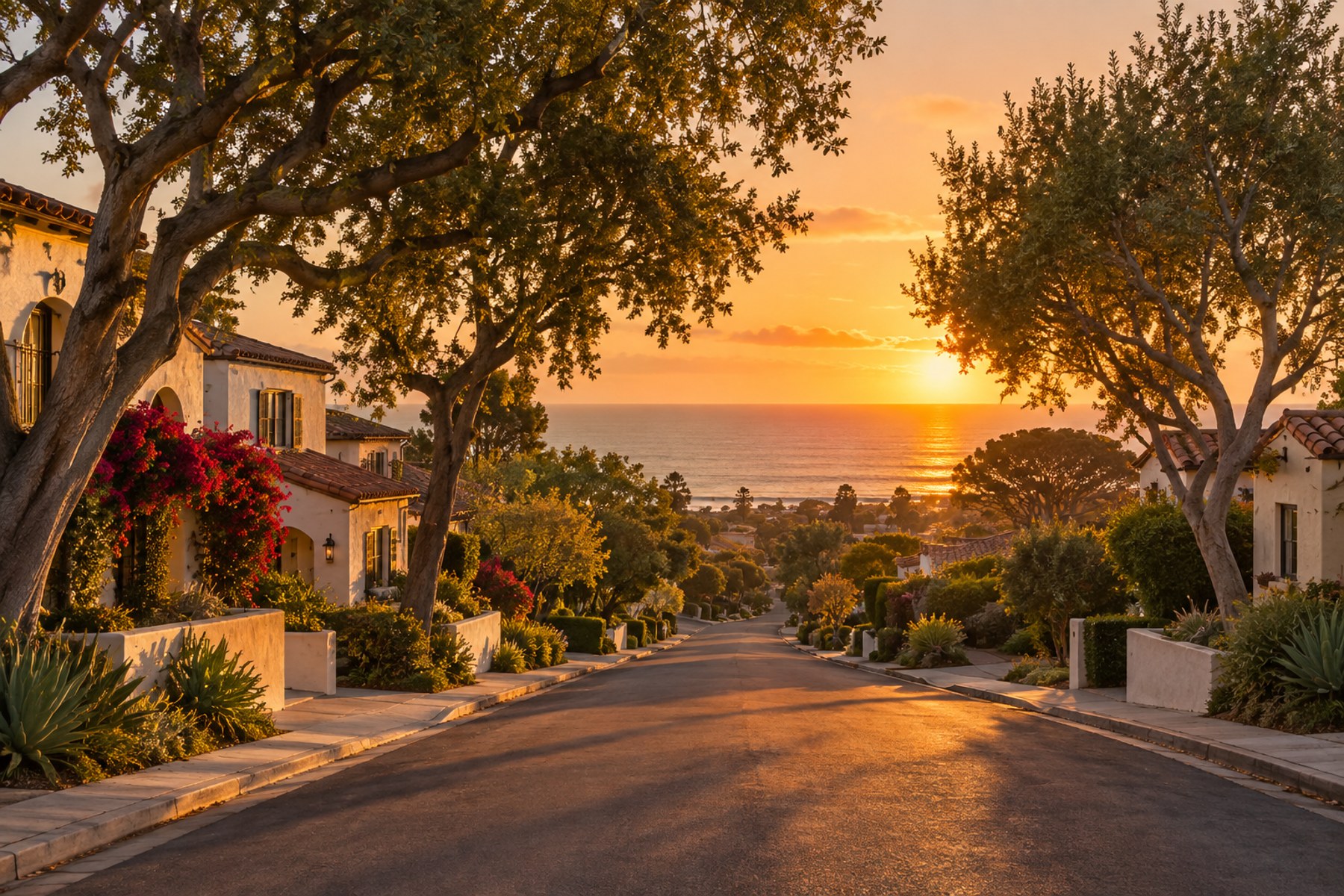 A Santa Barbara South Coast street at sunset, illustrative