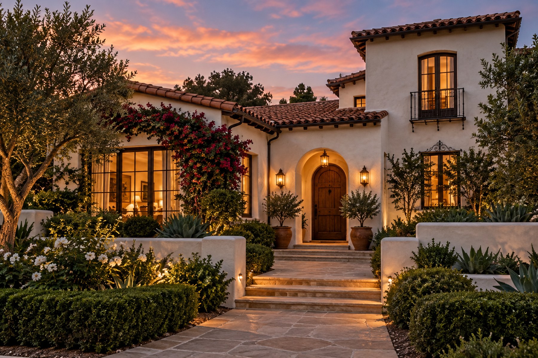 A Santa Barbara South Coast home exterior at dusk, illustrative