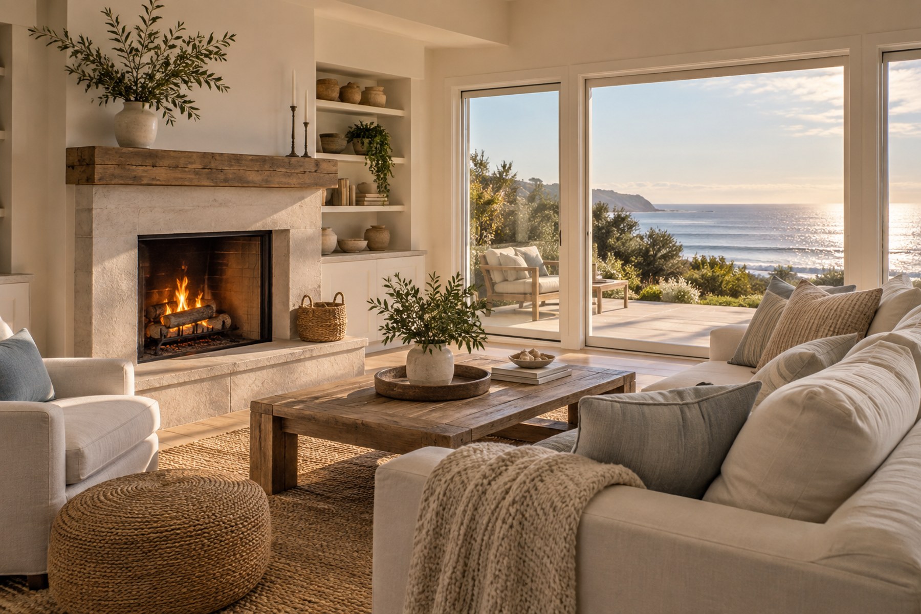 A cozy Santa Barbara South Coast living room, illustrative